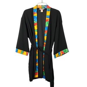Vintage Roxanne Belted Black Abstract Trim Short Robe Swim Cover Up Women Small